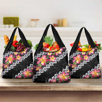 Black Polynesia Grocery Bag Plumeria With Hibiscus Pattern Tropical Vibes