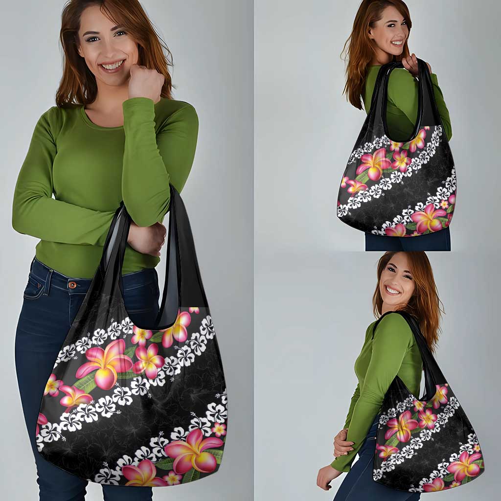 Black Polynesia Grocery Bag Plumeria With Hibiscus Pattern Tropical Vibes