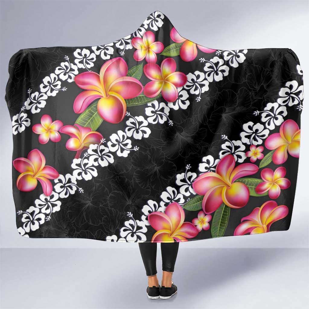 Black Polynesia Hooded Blanket Plumeria With Hibiscus Pattern Tropical Vibes LT14 One Size Black - Polynesian Pride