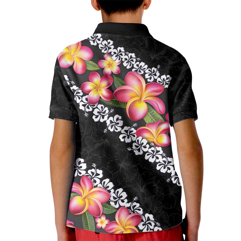 Black Polynesia Kid Polo Shirt Plumeria With Hibiscus Pattern Tropical Vibes