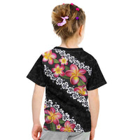 Black Polynesia Kid T Shirt Plumeria With Hibiscus Pattern Tropical Vibes