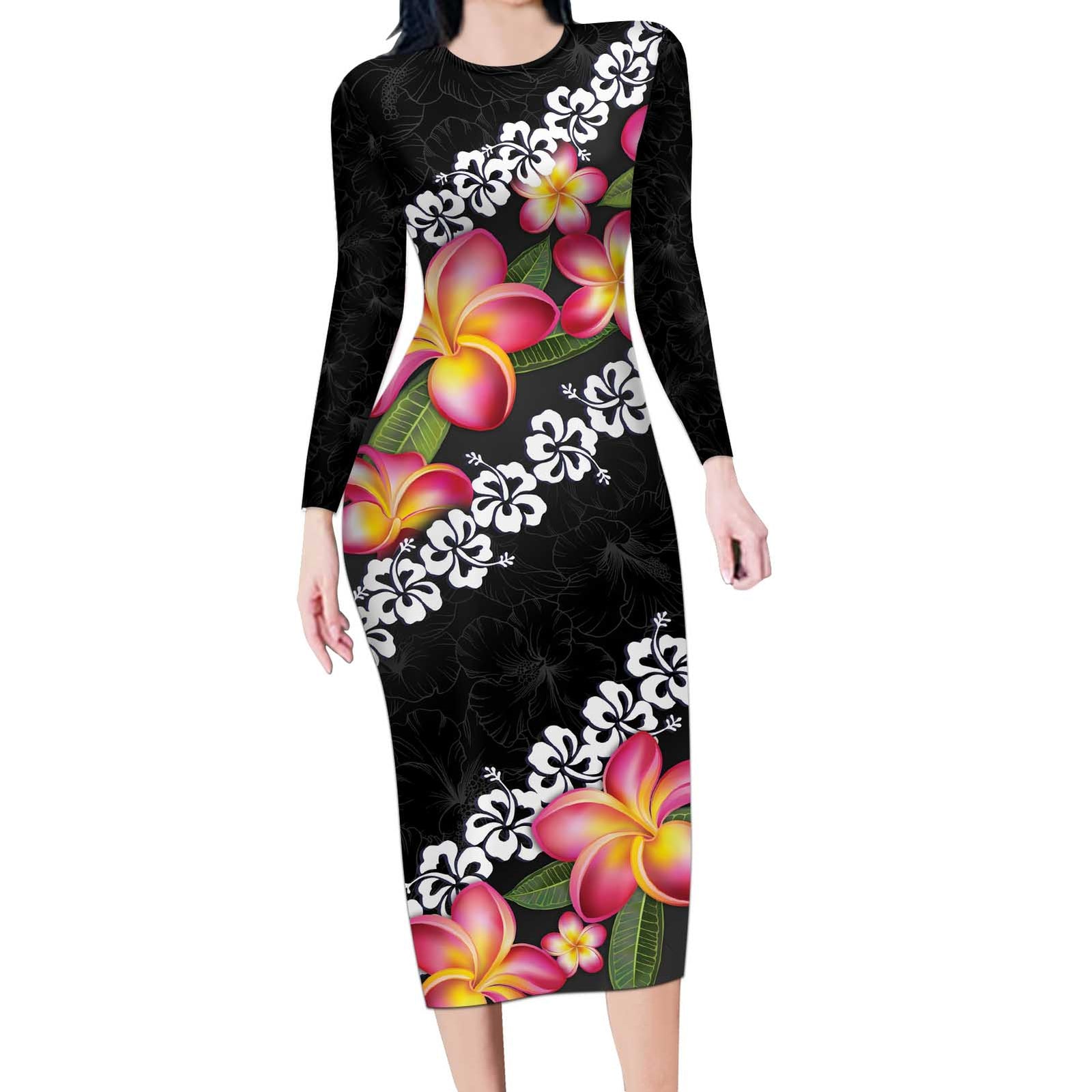Black Polynesia Long Sleeve Bodycon Dress Plumeria With Hibiscus Pattern Tropical Vibes LT14 Long Dress Black - Polynesian Pride