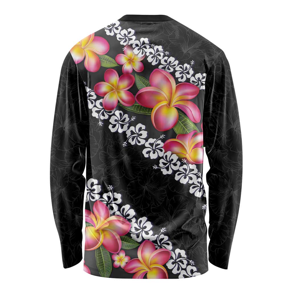 Black Polynesia Long Sleeve Shirt Plumeria With Hibiscus Pattern Tropical Vibes LT14 - Polynesian Pride