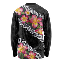 Black Polynesia Long Sleeve Shirt Plumeria With Hibiscus Pattern Tropical Vibes LT14 - Polynesian Pride