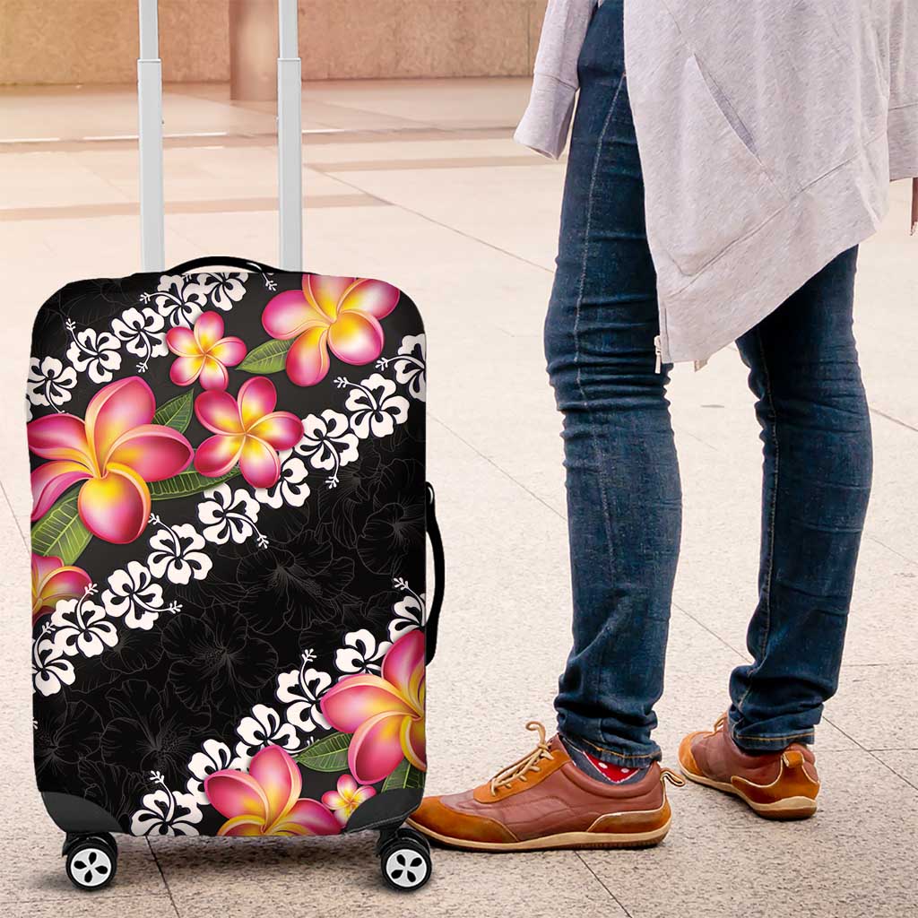 Black Polynesia Luggage Cover Plumeria With Hibiscus Pattern Tropical Vibes LT14 Black - Polynesian Pride