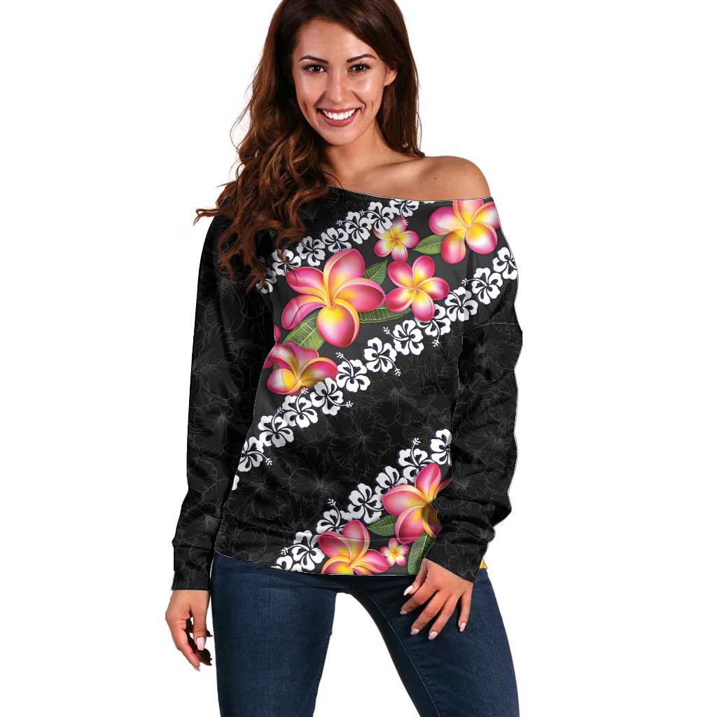 Black Polynesia Off Shoulder Sweater Plumeria With Hibiscus Pattern Tropical Vibes LT14 Women Black - Polynesian Pride