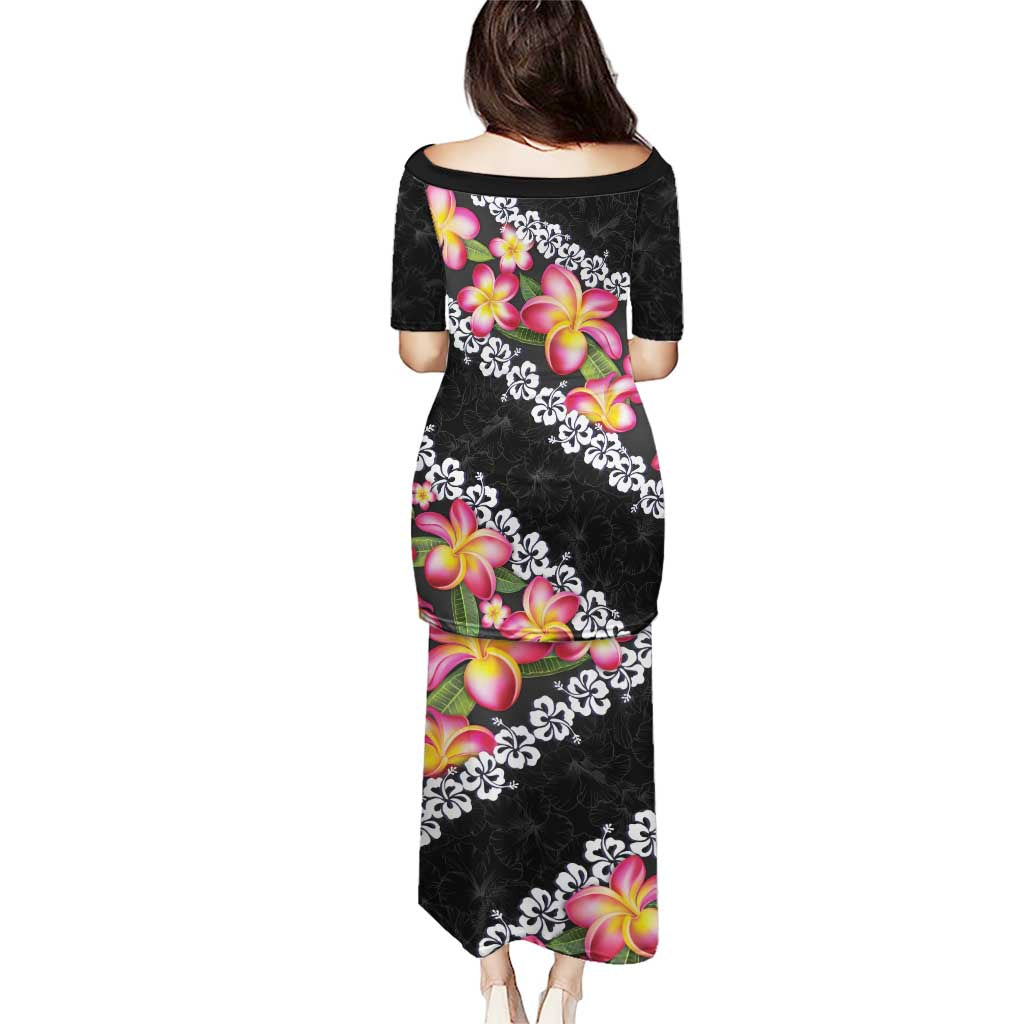 Black Polynesia Puletasi Plumeria With Hibiscus Pattern Tropical Vibes