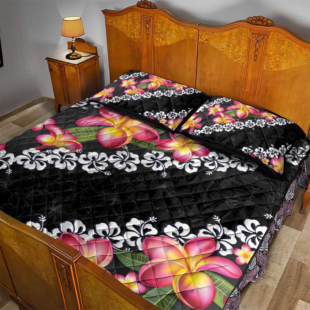 Black Polynesia Quilt Bed Set Plumeria With Hibiscus Pattern Tropical Vibes