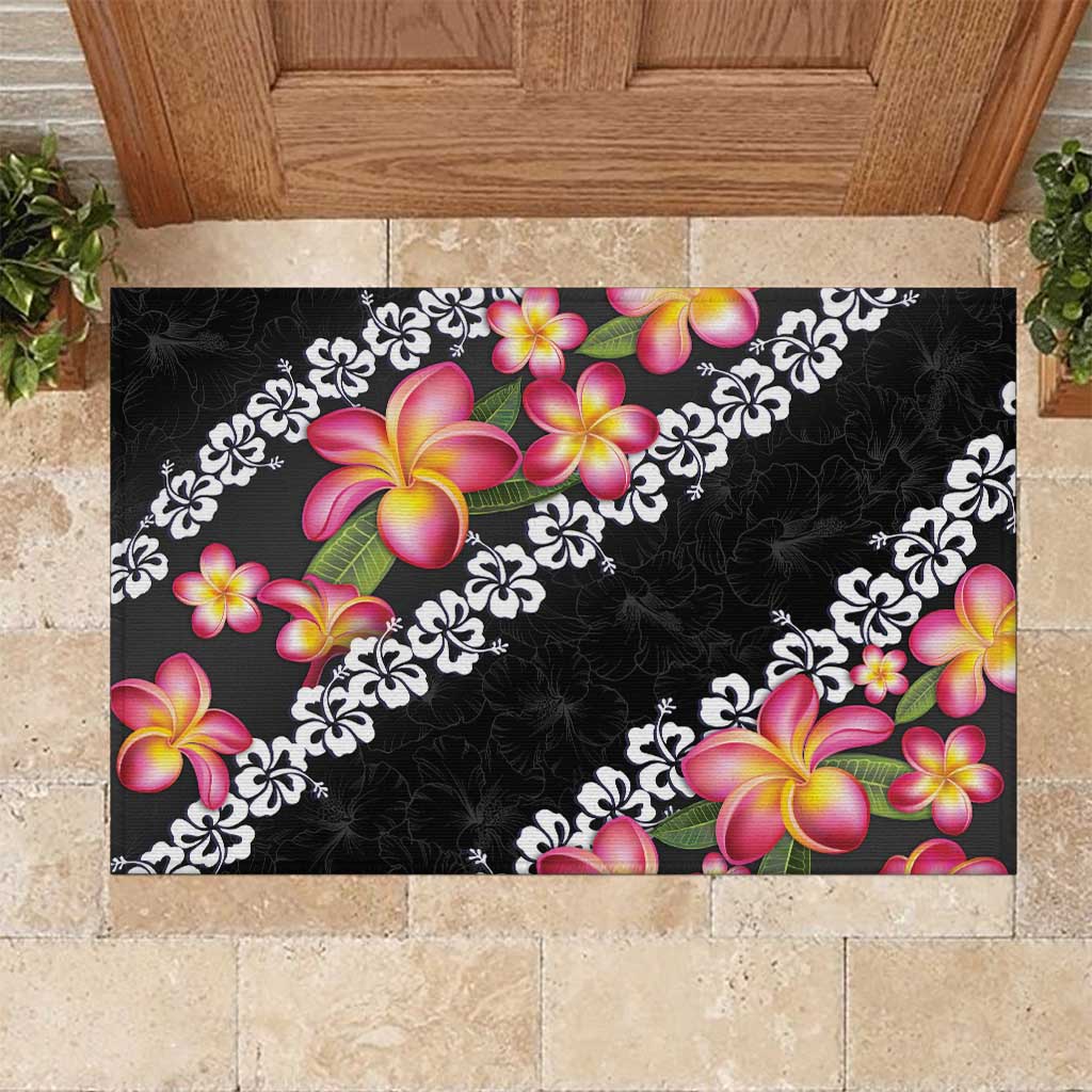 Black Polynesia Rubber Doormat Plumeria With Hibiscus Pattern Tropical Vibes LT14 Black - Polynesian Pride