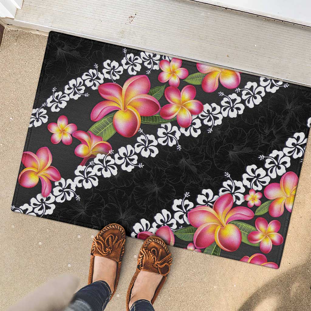 Black Polynesia Rubber Doormat Plumeria With Hibiscus Pattern Tropical Vibes LT14 - Polynesian Pride