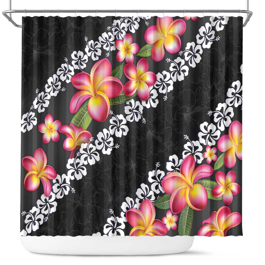 Black Polynesia Shower Curtain Plumeria With Hibiscus Pattern Tropical Vibes LT14 Black - Polynesian Pride