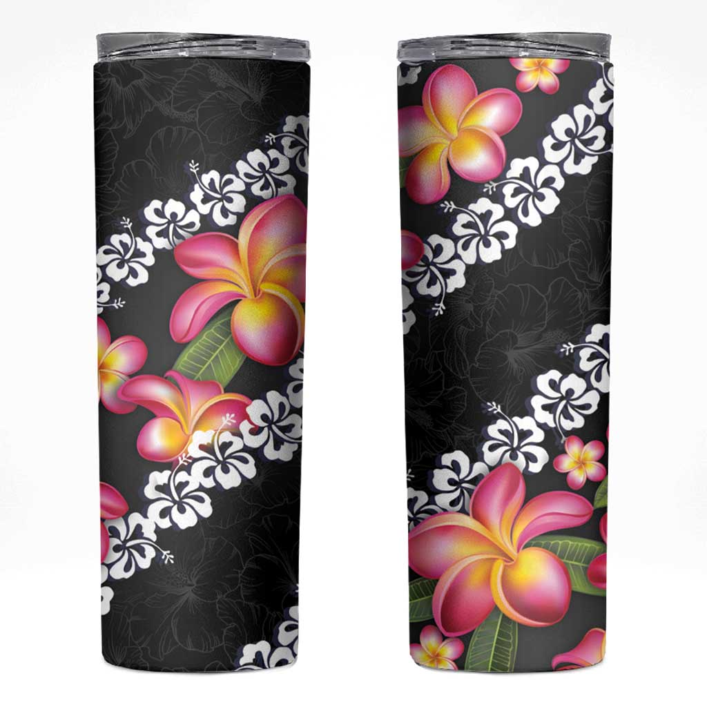 Black Polynesia Skinny Tumbler Plumeria With Hibiscus Pattern Tropical Vibes LT14 Black - Polynesian Pride