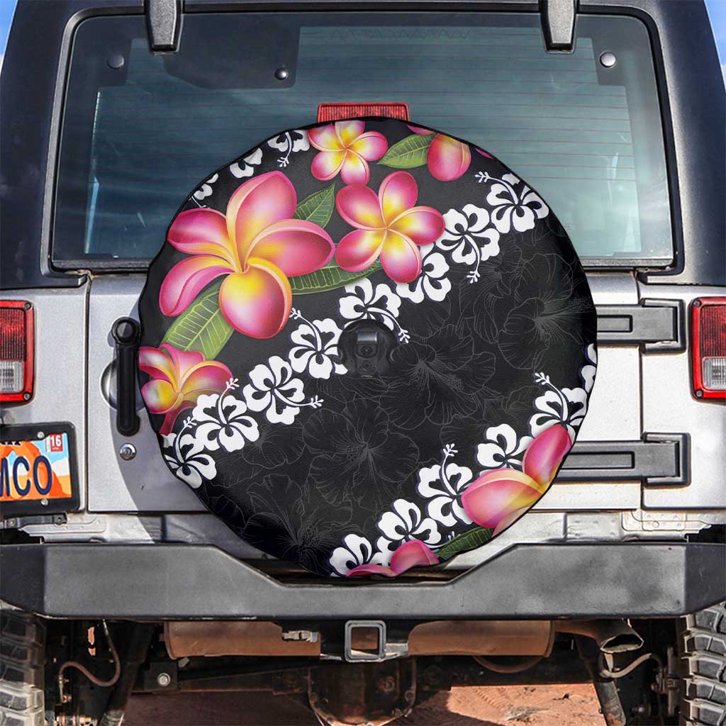 Black Polynesia Spare Tire Cover Plumeria With Hibiscus Pattern Tropical Vibes LT14 Black - Polynesian Pride