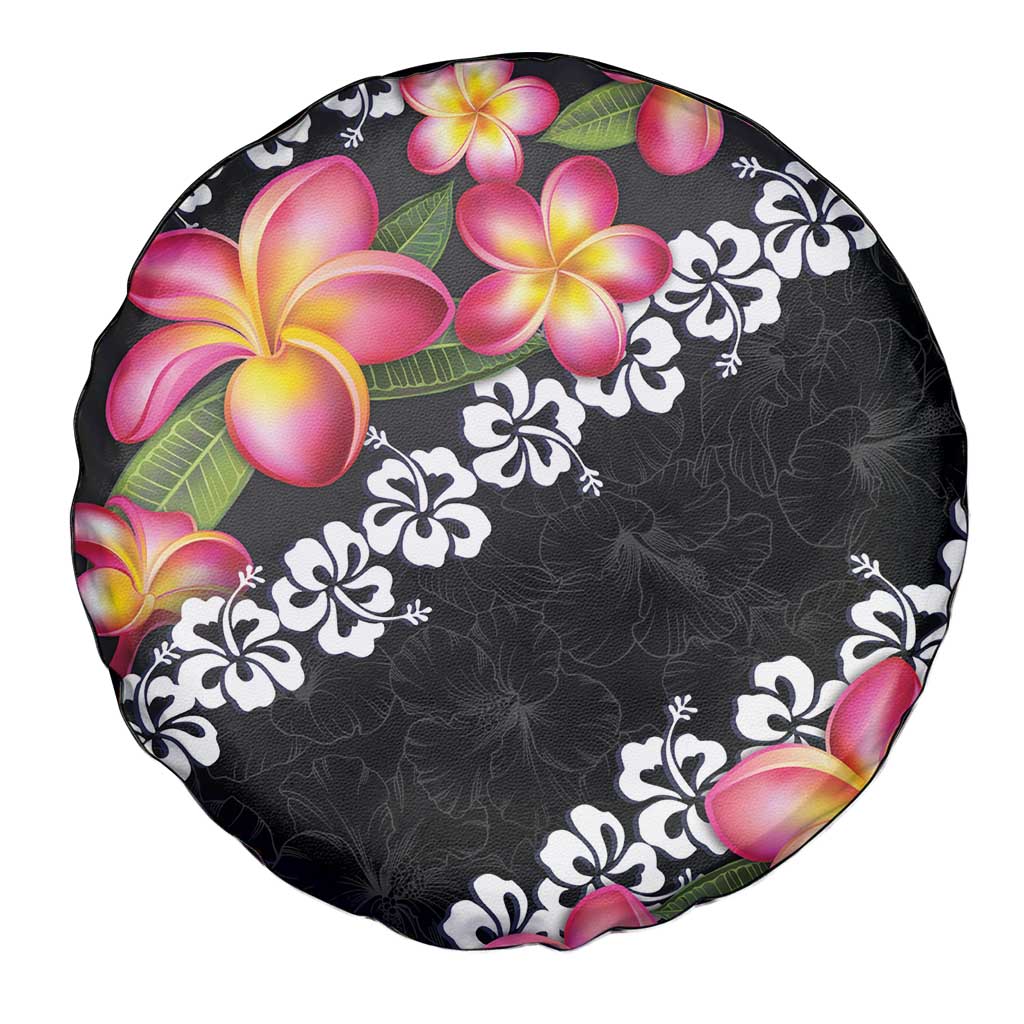 Black Polynesia Spare Tire Cover Plumeria With Hibiscus Pattern Tropical Vibes