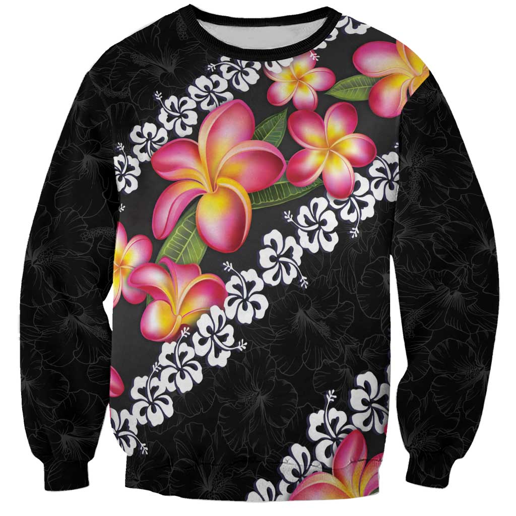 Black Polynesia Sweatshirt Plumeria With Hibiscus Pattern Tropical Vibes