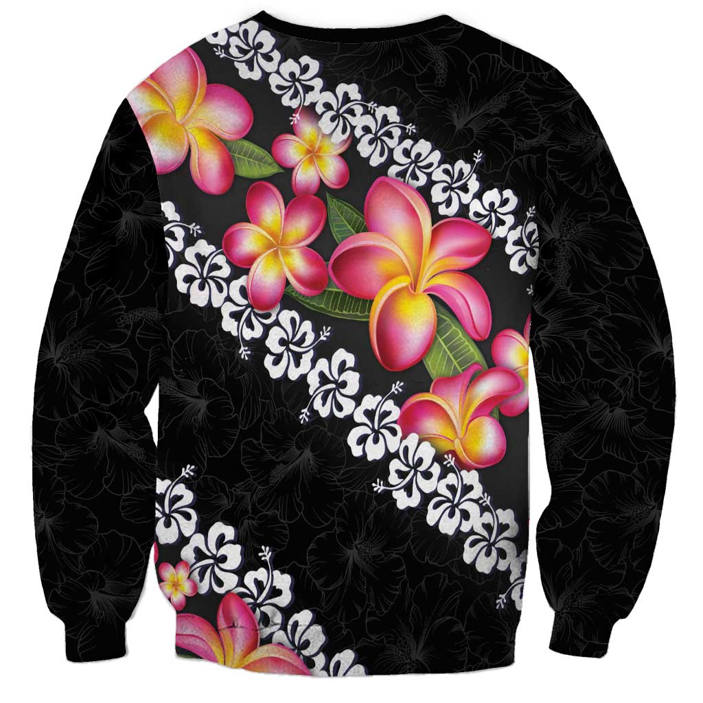 Black Polynesia Sweatshirt Plumeria With Hibiscus Pattern Tropical Vibes