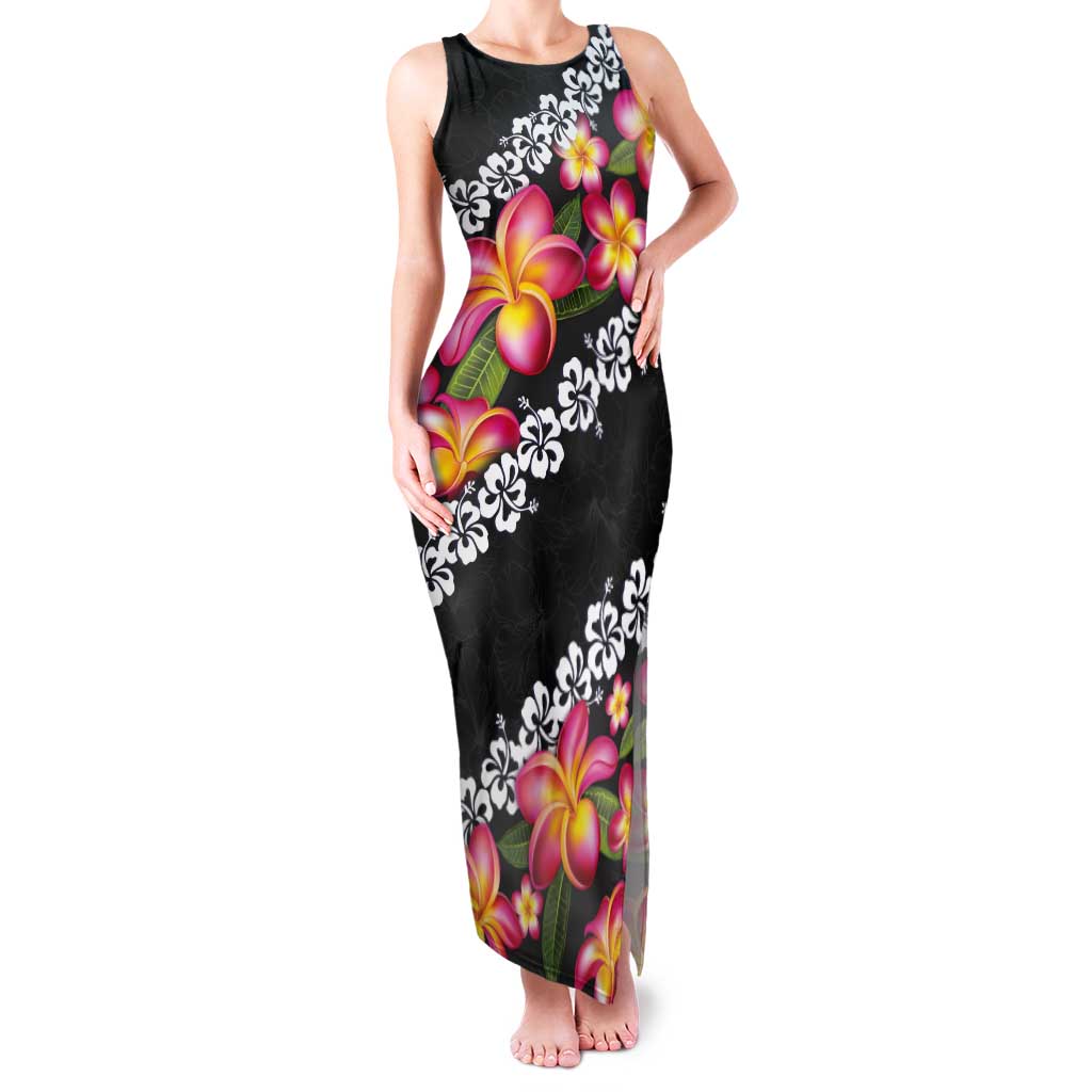 Black Polynesia Tank Maxi Dress Plumeria With Hibiscus Pattern Tropical Vibes