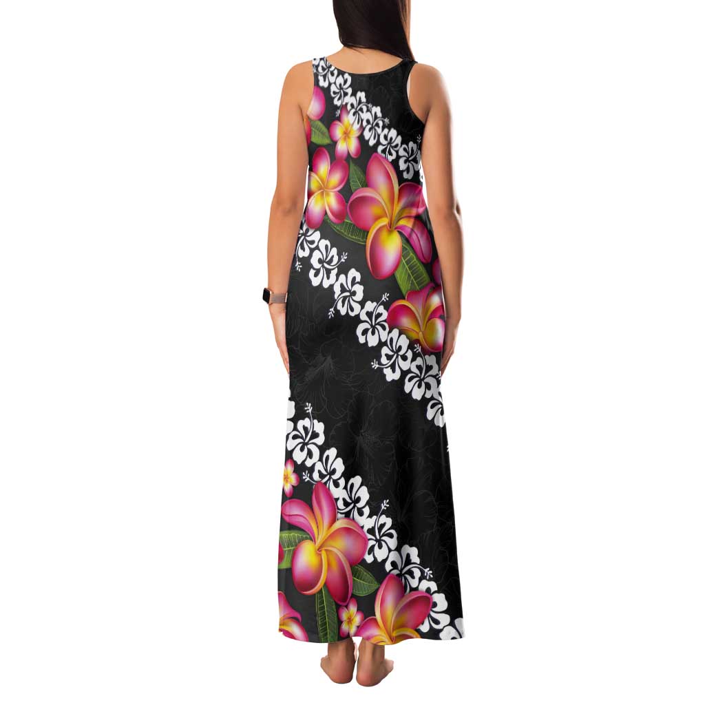 Black Polynesia Tank Maxi Dress Plumeria With Hibiscus Pattern Tropical Vibes