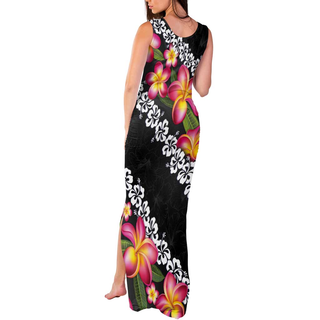 Black Polynesia Tank Maxi Dress Plumeria With Hibiscus Pattern Tropical Vibes