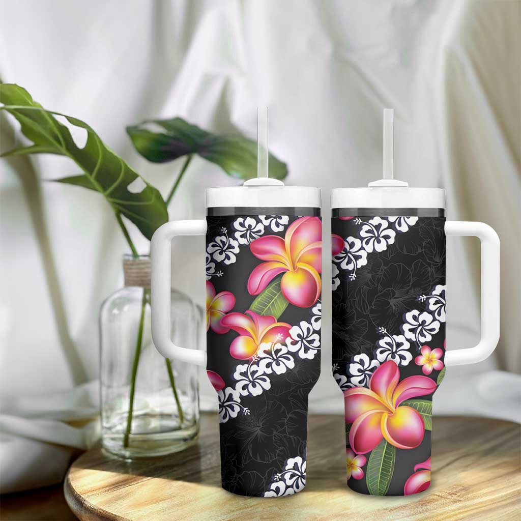 Black Polynesia Tumbler With Handle Plumeria With Hibiscus Pattern Tropical Vibes