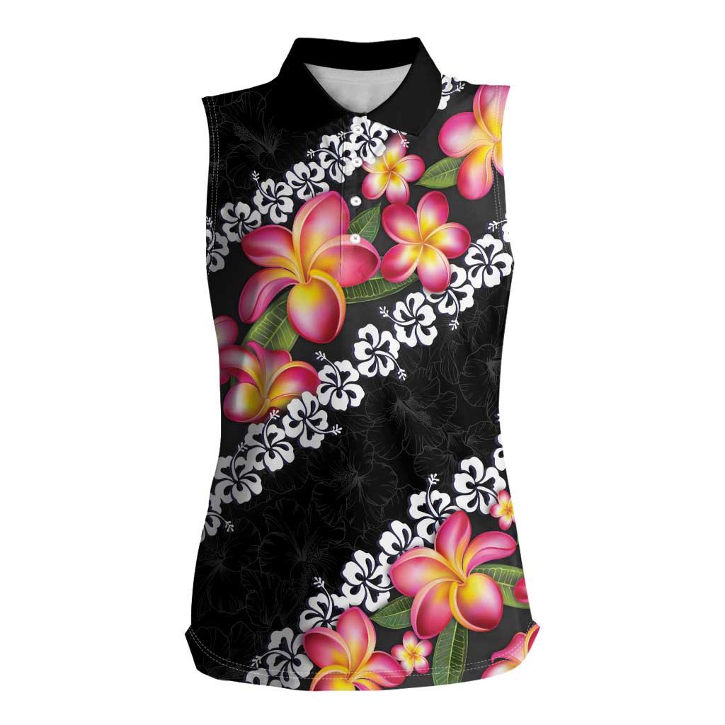 Black Polynesia Women Sleeveless Polo Shirt Plumeria With Hibiscus Pattern Tropical Vibes