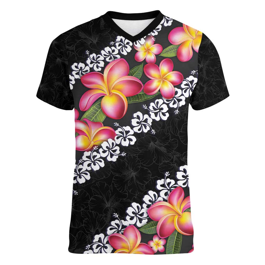 Black Polynesia Women V-Neck T-Shirt Plumeria With Hibiscus Pattern Tropical Vibes LT14 Female Black - Polynesian Pride