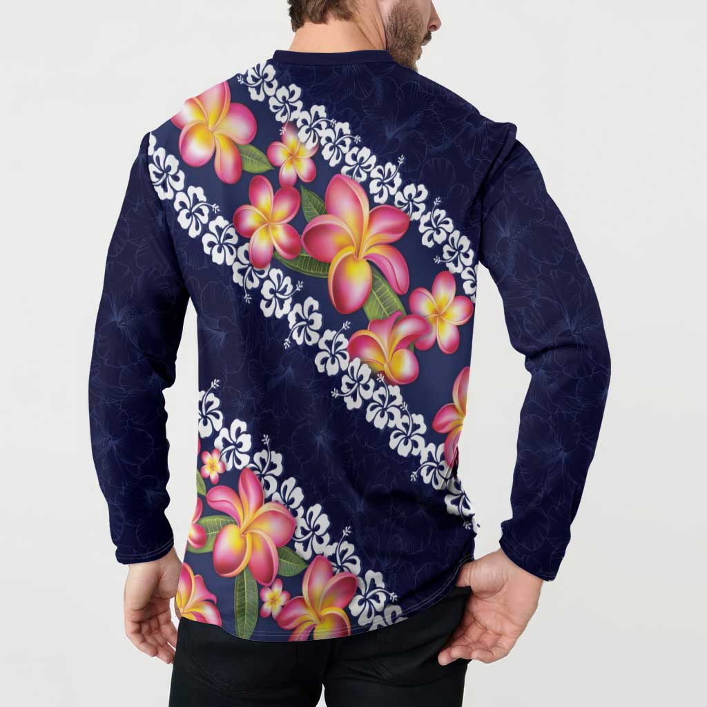 Blue Polynesia Button Sweatshirt Plumeria With Hibiscus Pattern Tropical Vibes