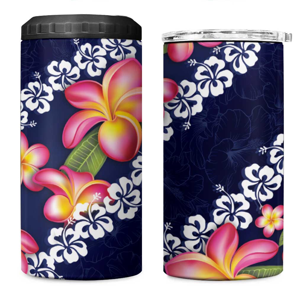 Blue Polynesia 4 in 1 Can Cooler Tumbler Plumeria With Hibiscus Pattern Tropical Vibes LT14 One Size: 16 oz Blue - Polynesian Pride