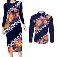 Blue Polynesia Couples Matching Long Sleeve Bodycon Dress and Long Sleeve Button Shirt Plumeria With Hibiscus Pattern Tropical Vibes