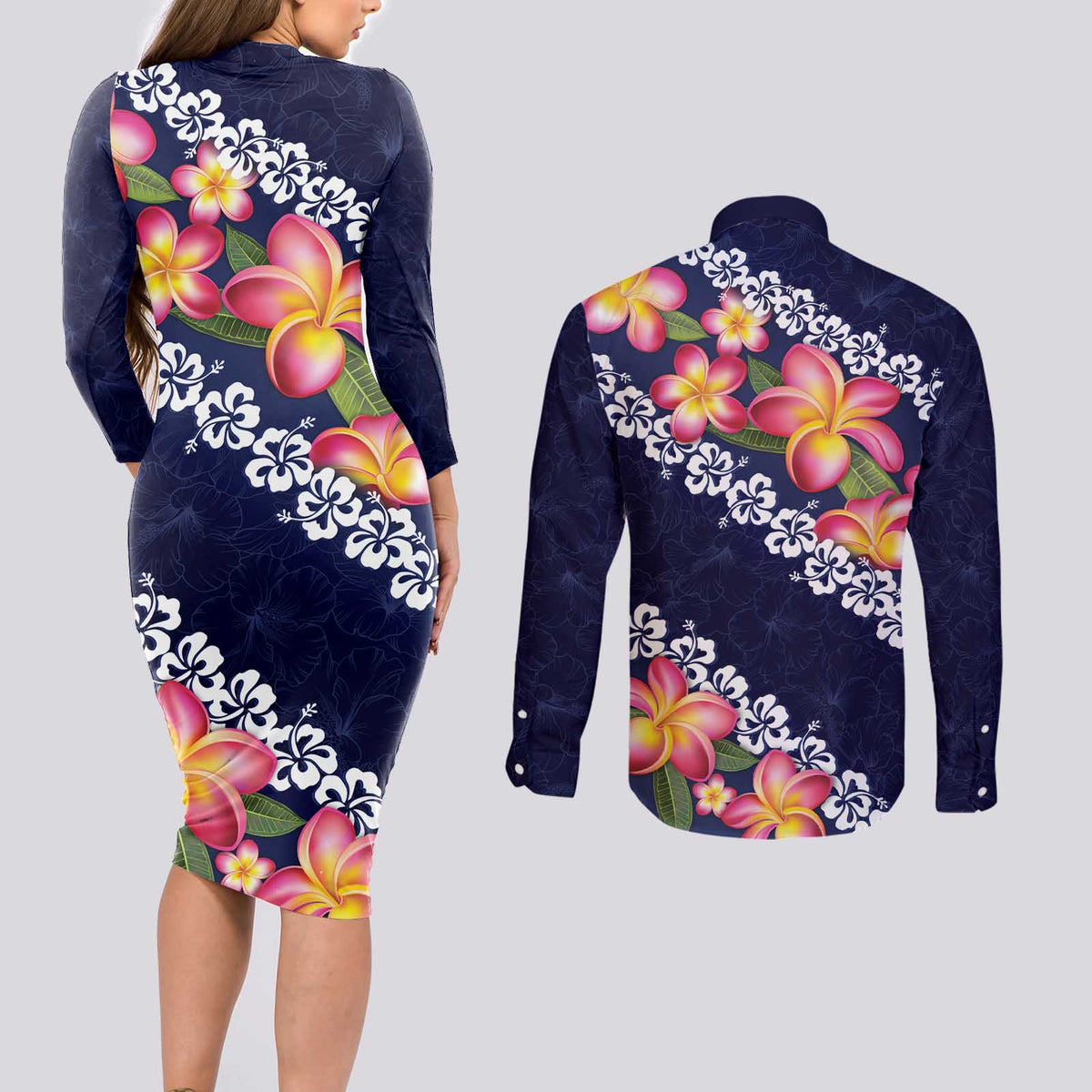Blue Polynesia Couples Matching Long Sleeve Bodycon Dress and Long Sleeve Button Shirt Plumeria With Hibiscus Pattern Tropical Vibes