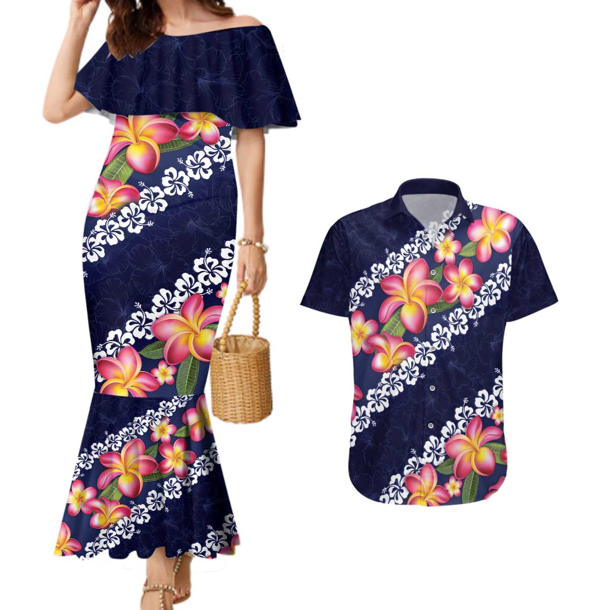 Blue Polynesia Couples Matching Mermaid Dress and Hawaiian Shirt Plumeria With Hibiscus Pattern Tropical Vibes LT14 Blue - Polynesian Pride