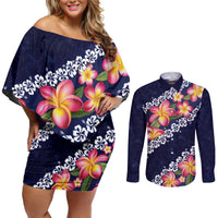 Blue Polynesia Couples Matching Off Shoulder Short Dress and Long Sleeve Button Shirt Plumeria With Hibiscus Pattern Tropical Vibes