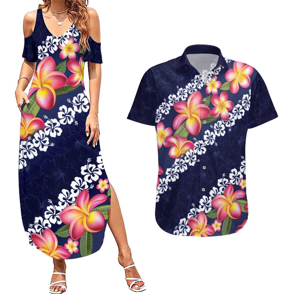 Blue Polynesia Couples Matching Summer Maxi Dress and Hawaiian Shirt Plumeria With Hibiscus Pattern Tropical Vibes