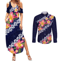 Blue Polynesia Couples Matching Summer Maxi Dress and Long Sleeve Button Shirt Plumeria With Hibiscus Pattern Tropical Vibes