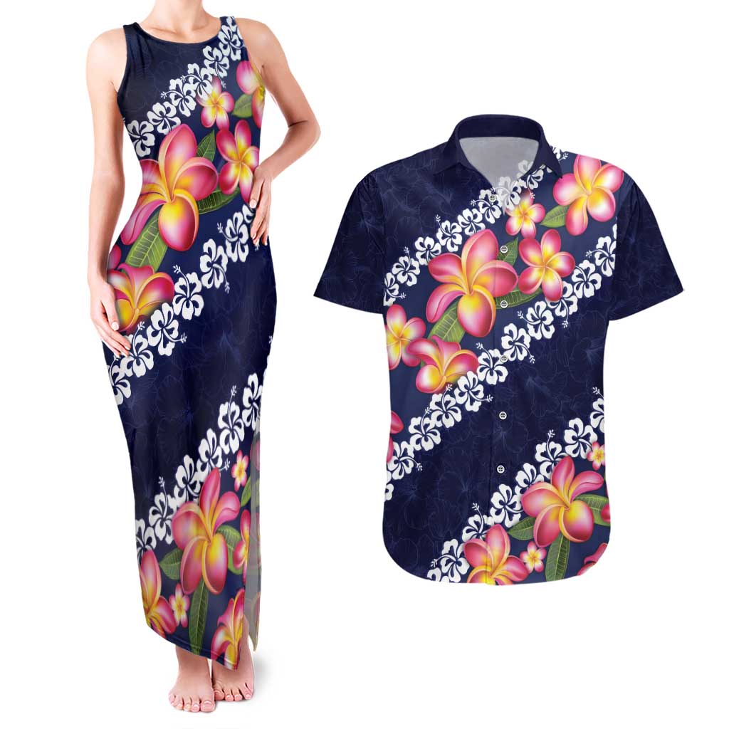 Blue Polynesia Couples Matching Tank Maxi Dress and Hawaiian Shirt Plumeria With Hibiscus Pattern Tropical Vibes LT14 Blue - Polynesian Pride