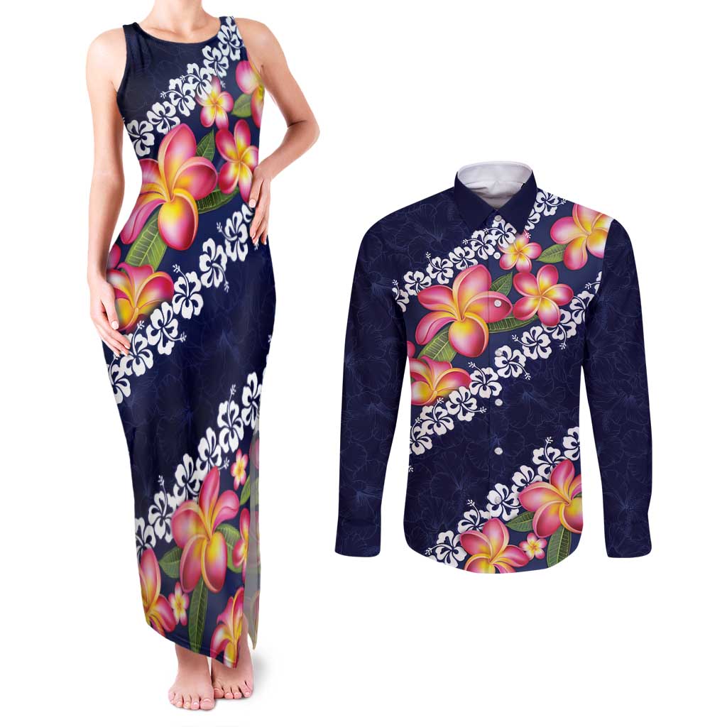 Blue Polynesia Couples Matching Tank Maxi Dress and Long Sleeve Button Shirt Plumeria With Hibiscus Pattern Tropical Vibes