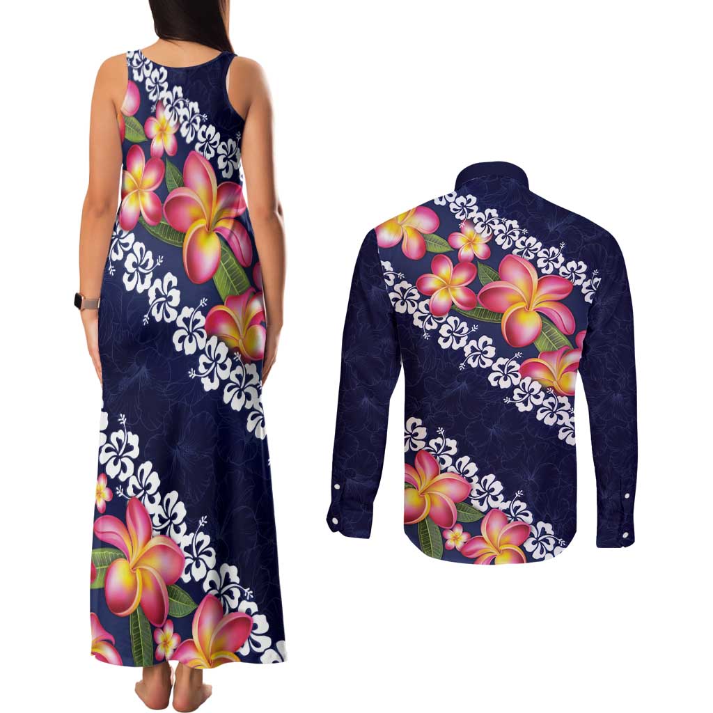 Blue Polynesia Couples Matching Tank Maxi Dress and Long Sleeve Button Shirt Plumeria With Hibiscus Pattern Tropical Vibes