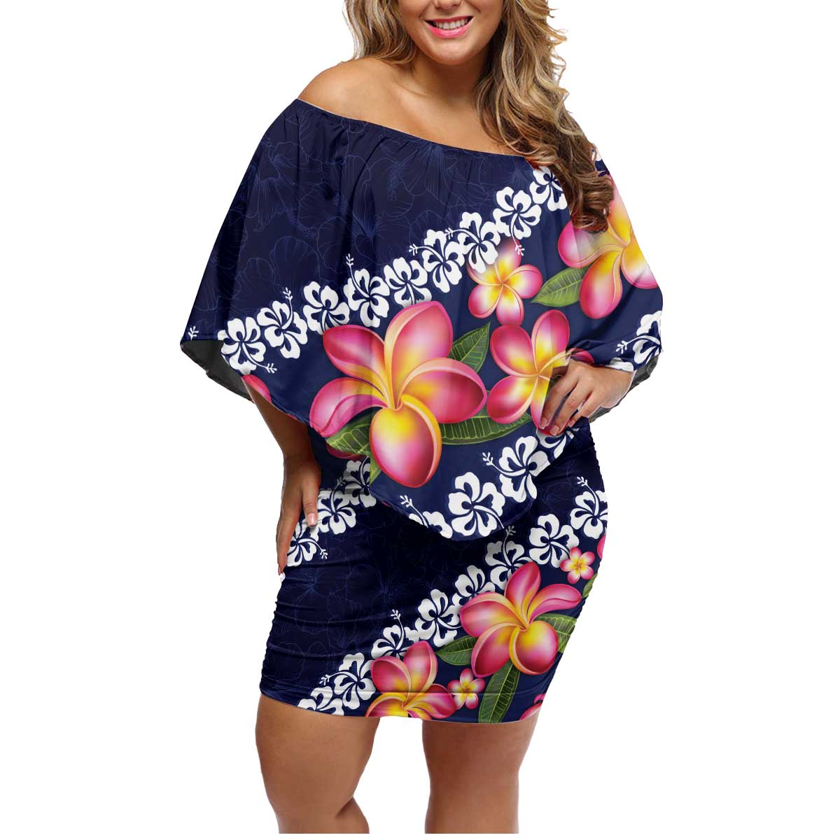 Blue Polynesia Family Matching Off Shoulder Short Dress and Hawaiian Shirt Plumeria With Hibiscus Pattern Tropical Vibes
