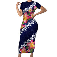 Blue Polynesia Family Matching Short Sleeve Bodycon Dress and Hawaiian Shirt Plumeria With Hibiscus Pattern Tropical Vibes