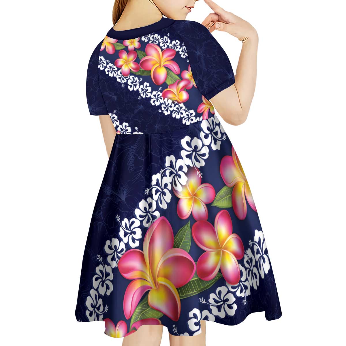 Blue Polynesia Kid Short Sleeve Dress Plumeria With Hibiscus Pattern Tropical Vibes