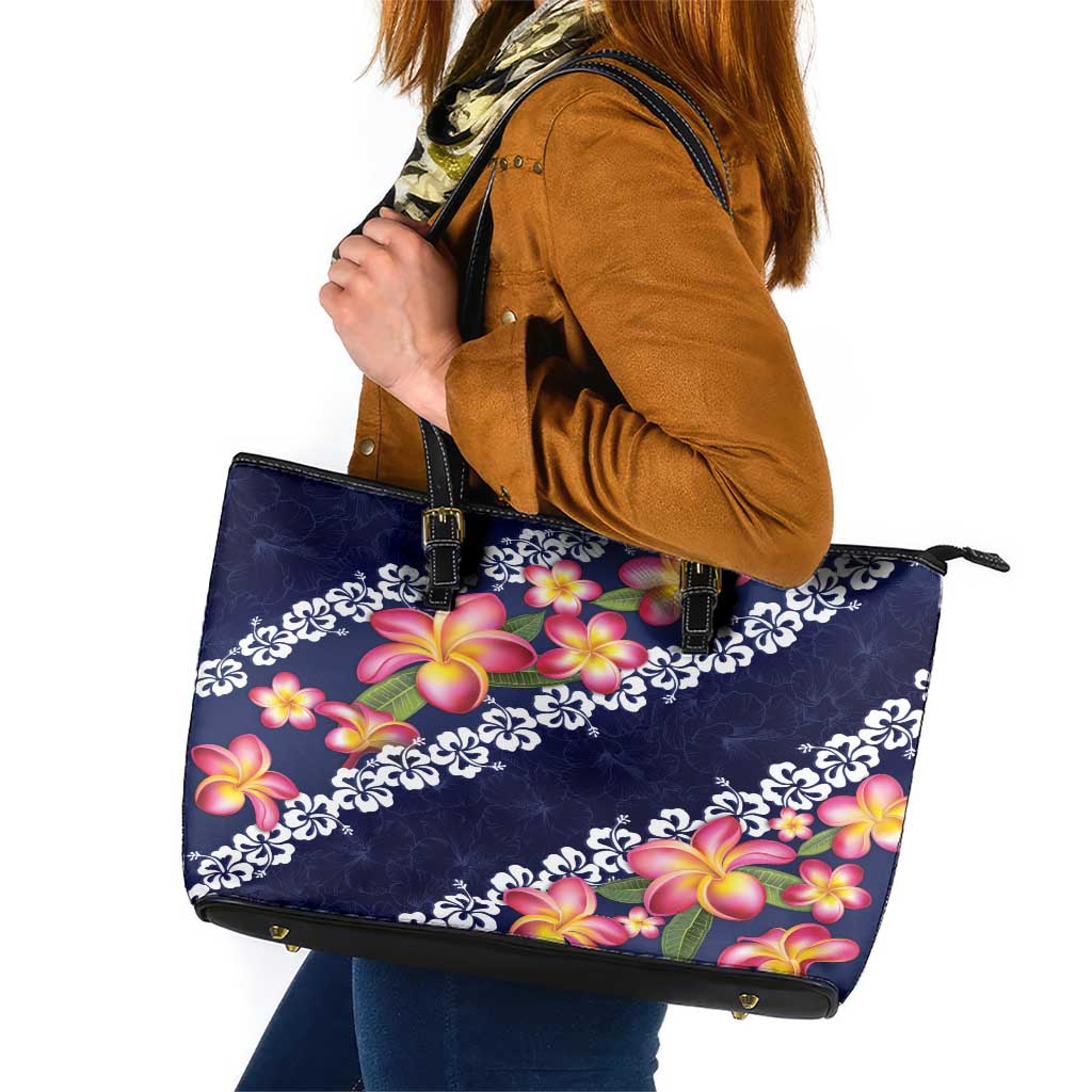 Blue Polynesia Leather Tote Bag Plumeria With Hibiscus Pattern Tropical Vibes LT14 Blue - Polynesian Pride