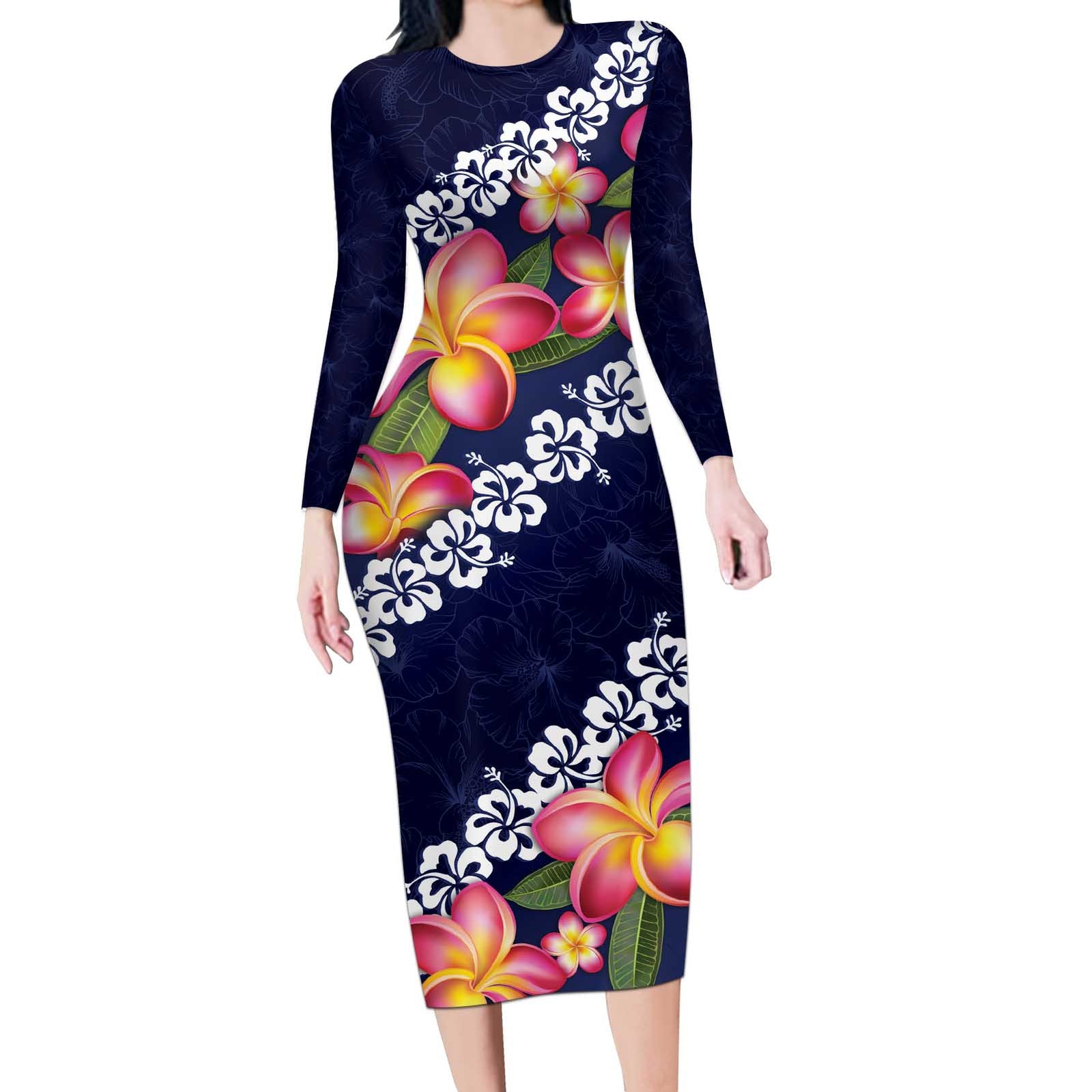Blue Polynesia Long Sleeve Bodycon Dress Plumeria With Hibiscus Pattern Tropical Vibes LT14 Long Dress Blue - Polynesian Pride
