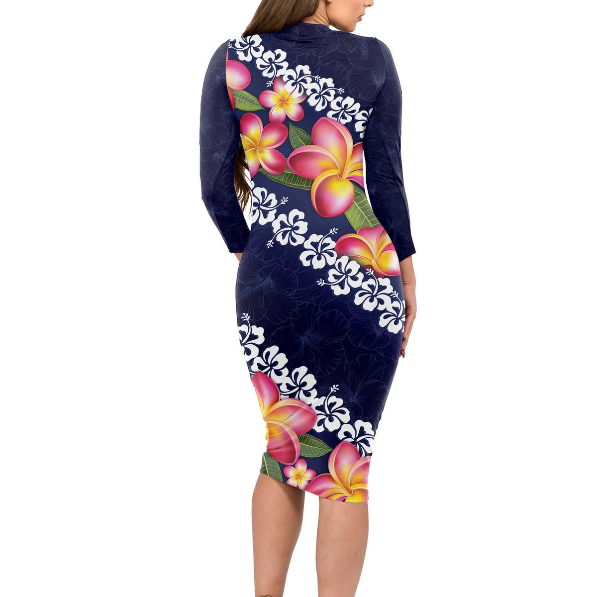 Blue Polynesia Long Sleeve Bodycon Dress Plumeria With Hibiscus Pattern Tropical Vibes