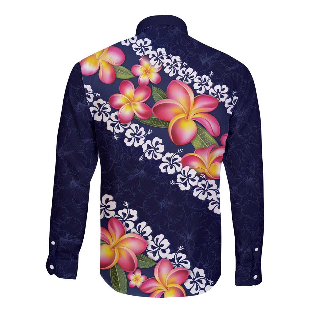 Blue Polynesia Long Sleeve Button Shirt Plumeria With Hibiscus Pattern Tropical Vibes
