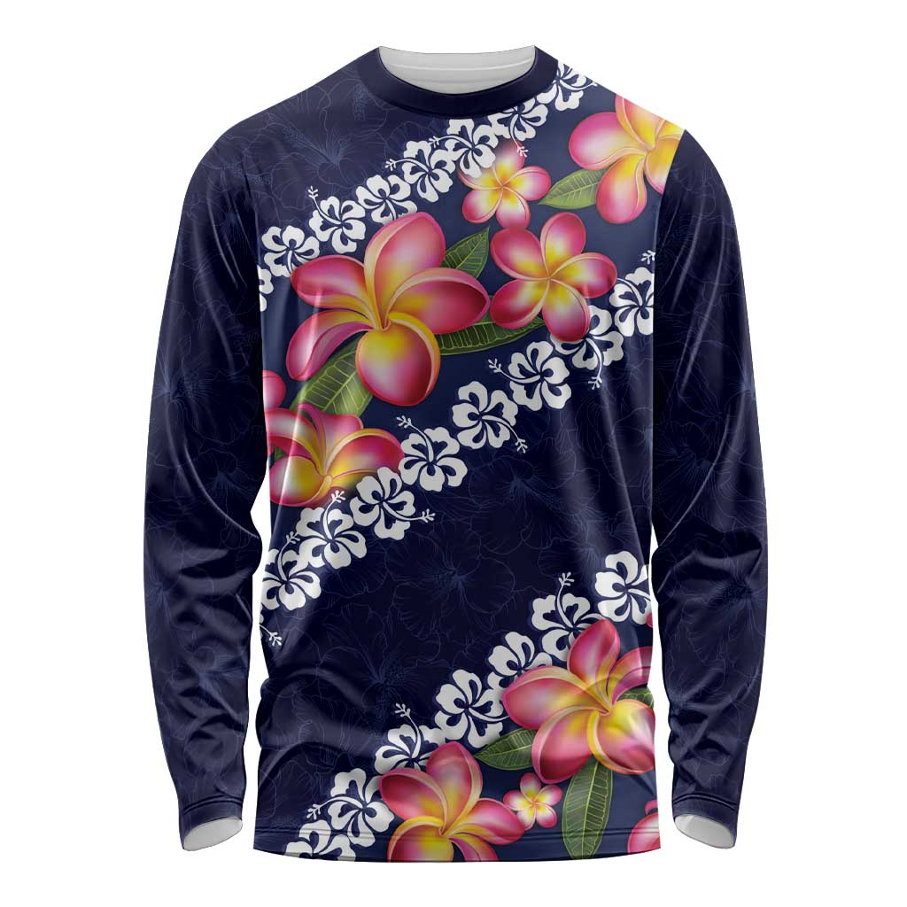 Blue Polynesia Long Sleeve Shirt Plumeria With Hibiscus Pattern Tropical Vibes LT14 Unisex Blue - Polynesian Pride