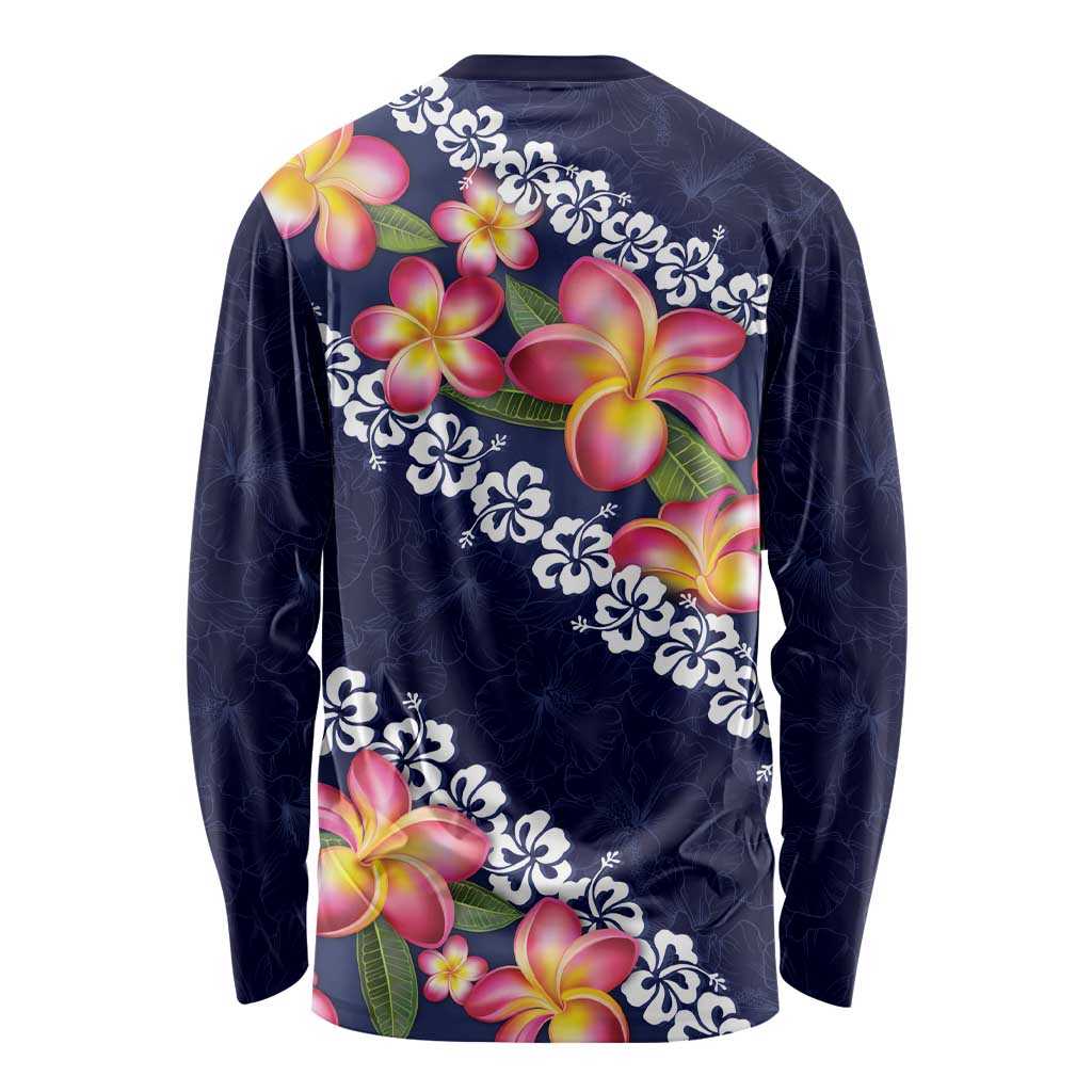 Blue Polynesia Long Sleeve Shirt Plumeria With Hibiscus Pattern Tropical Vibes LT14 - Polynesian Pride