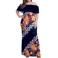 Blue Polynesia Off Shoulder Maxi Dress Plumeria With Hibiscus Pattern Tropical Vibes