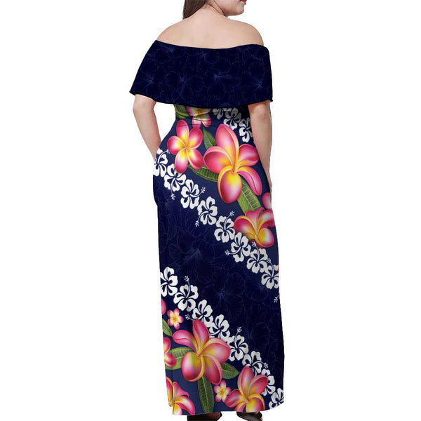 Fiji Combo Off Shoulder Long Dress And Shirt Hibiscus With Polynesian Pattern Red Version