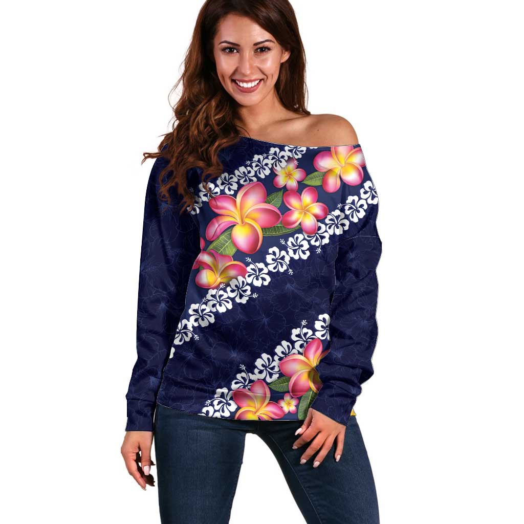 Blue Polynesia Off Shoulder Sweater Plumeria With Hibiscus Pattern Tropical Vibes LT14 Women Blue - Polynesian Pride