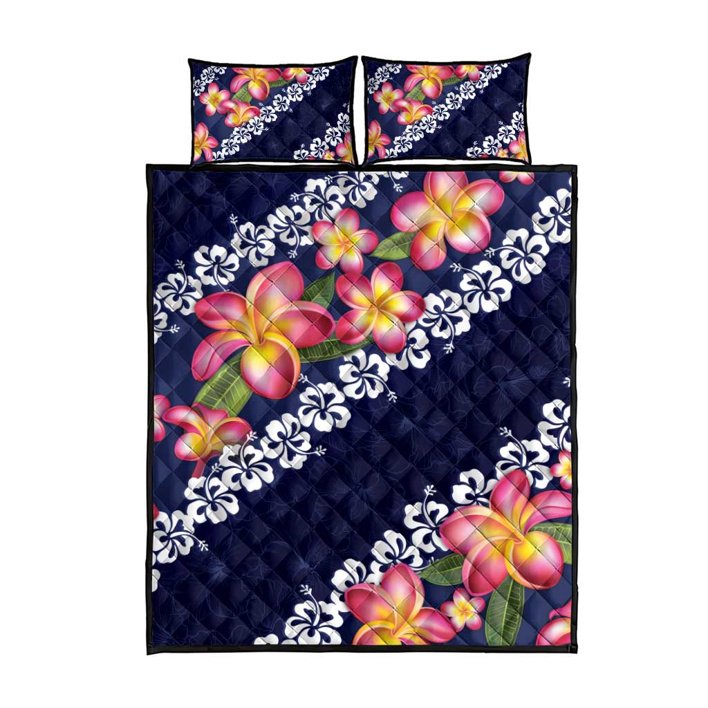 Blue Polynesia Quilt Bed Set Plumeria With Hibiscus Pattern Tropical Vibes